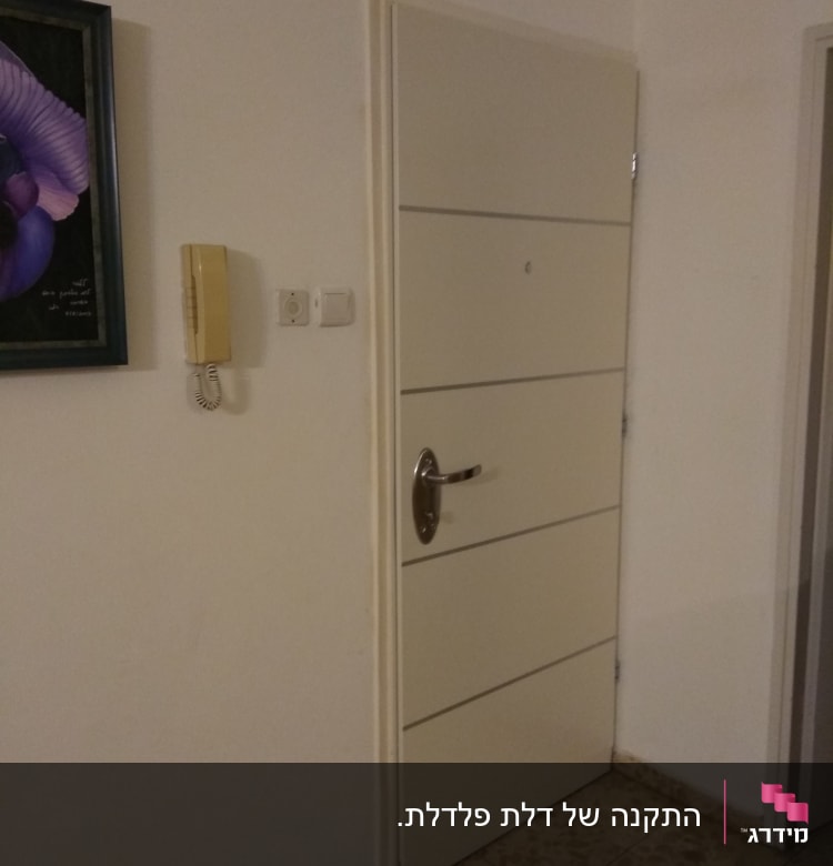 דלת לבנה עם ידית מתכת וקווים אופקיים